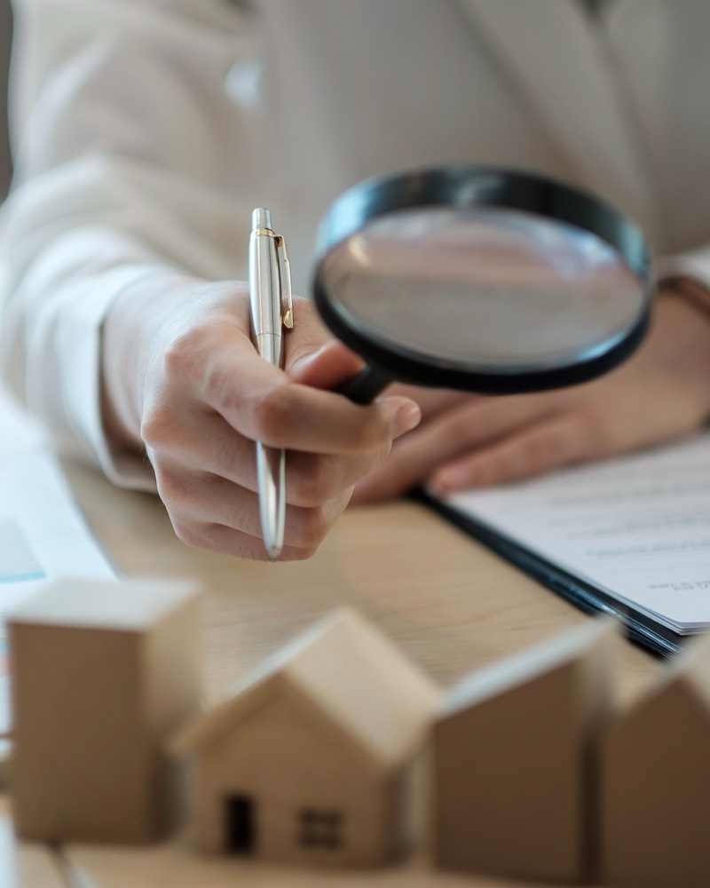 Expert report examined under the microscope, house models in the foreground
